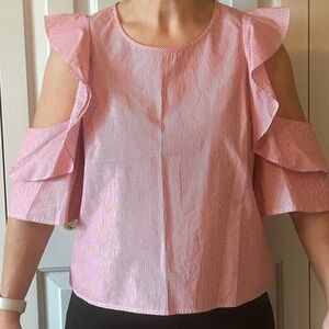 CLUB MONACO Red & White Striped Top With Ruffle Keyhole Sleeves & Button Closure